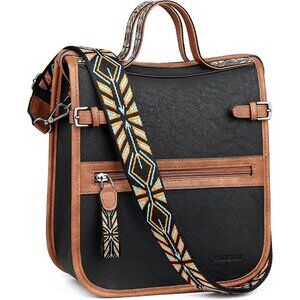 Women’s Retro Black With Brown Leather Purse Crossbody Bag Handbag Wide